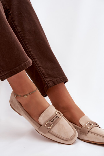 Mokasyny Loafersy DamskiewithOzdobnym Elementem Beżowe Evelora