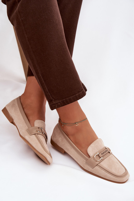Mokasyny Loafersy Damskie Z Ozdobnym Elementem Beżowe Evelora