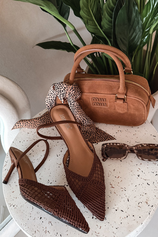 Woven Leather Sandals on Heel Brown Hanelis