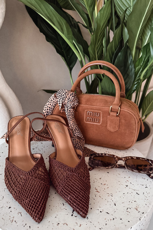 Woven Leather Sandals on Heel Brown Hanelis