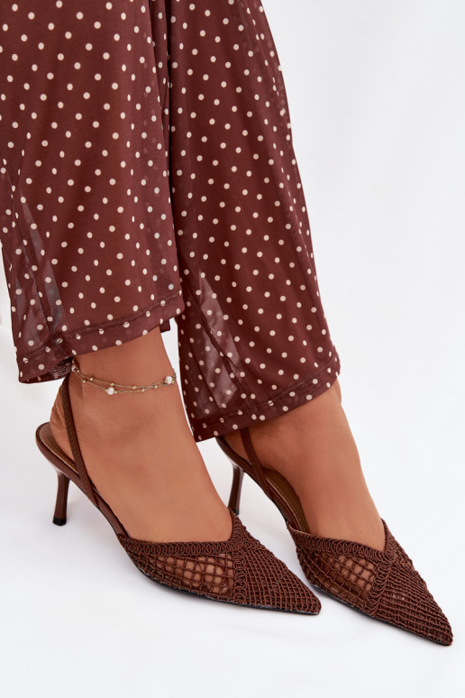 Woven Leather Sandals on Heel Brown Hanelis