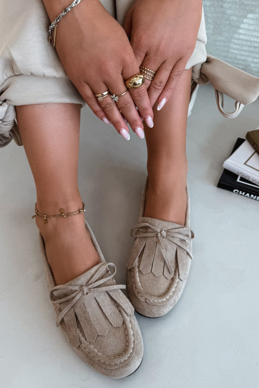Women's Beige Moccasins with Lacing and Fringes Glorina