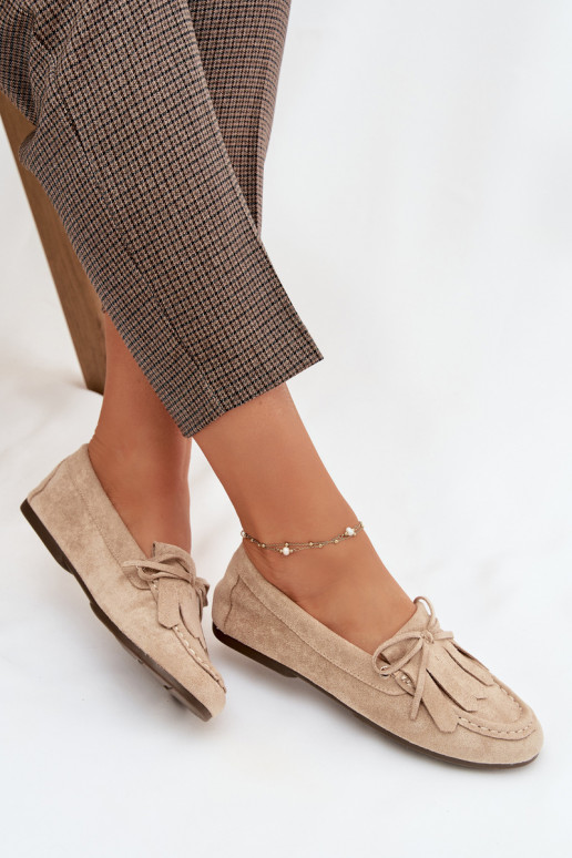 Women's Beige Moccasins with Lacing and Fringes Glorina