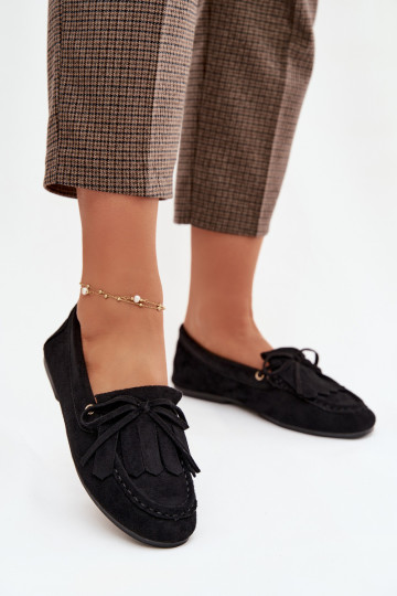 Women's Moccasins With Lacing And Fringes Black Glorina