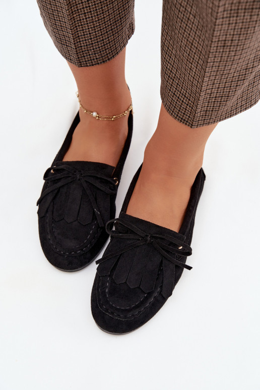 Women's Moccasins With Lacing And Fringes Black Glorina