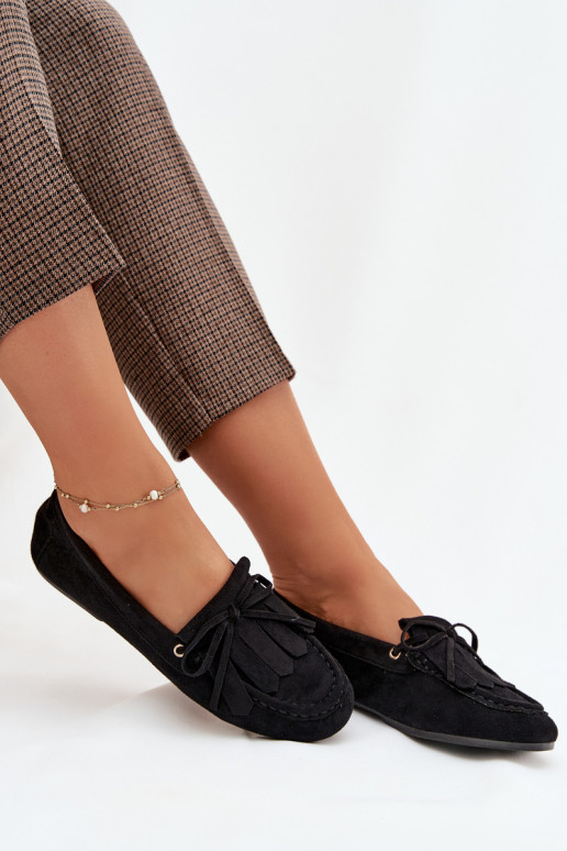 Women's Moccasins With Lacing And Fringes Black Glorina