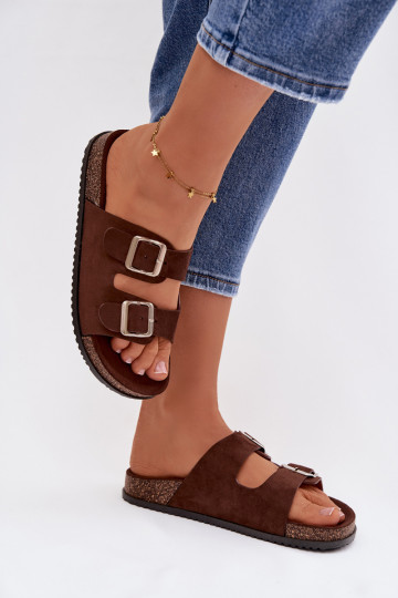 Women's Chocolate Brown Slides With Buckles Oliena