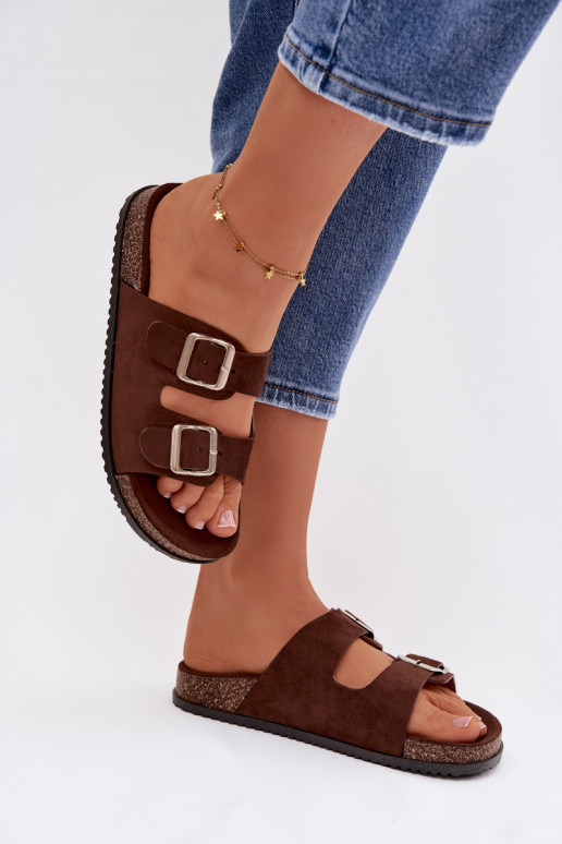 Women's Chocolate Brown Slides With Buckles Oliena