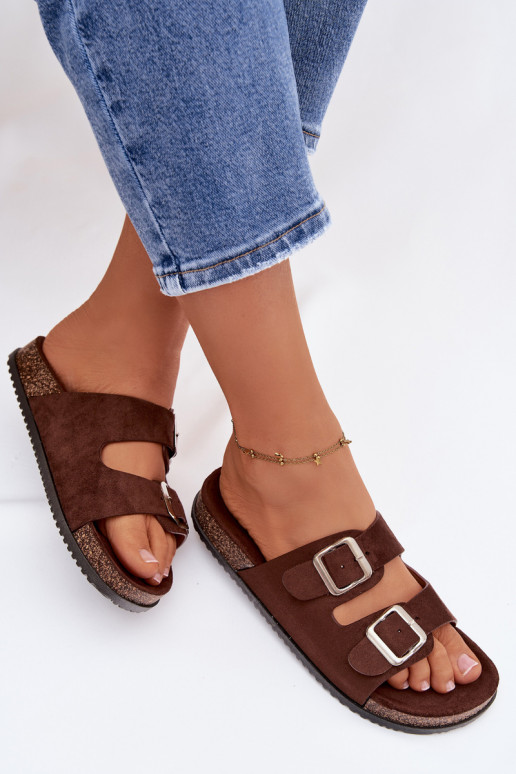 Women's Chocolate Brown Slides With Buckles Oliena