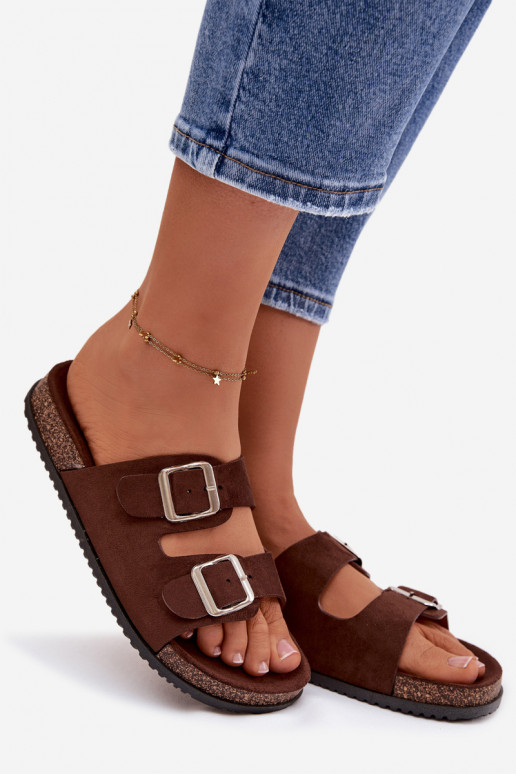 Women's Chocolate Brown Slides With Buckles Oliena