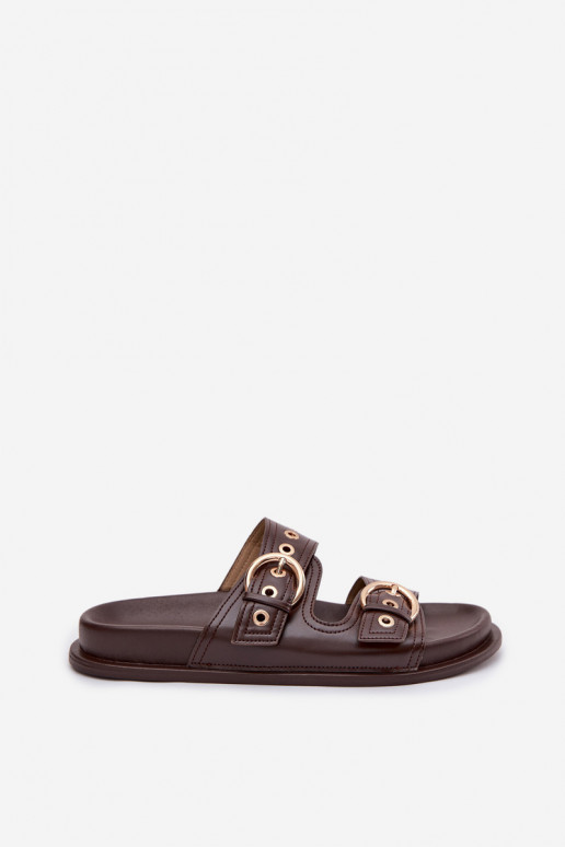 Women's Eco Leather Chocolate Flat Sandals With Gold Buckles Bellarya