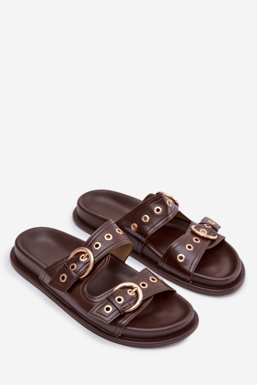 Women's Eco Leather Chocolate Flat Sandals With Gold Buckles Bellarya