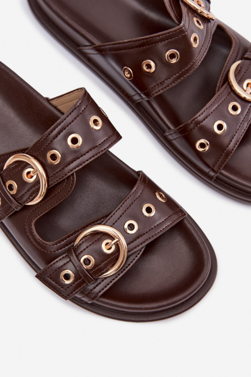 Women's Eco Leather Chocolate Flat Sandals With Gold Buckles Bellarya
