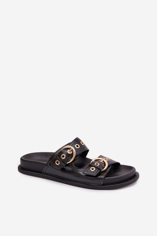 Women's Eco Leather Black Slides With Gold Buckles Bellarya