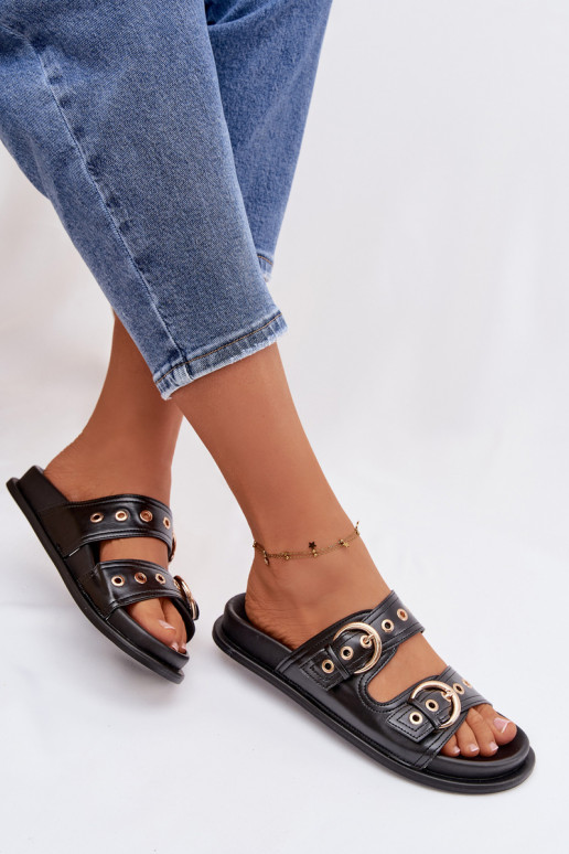 Women's Eco Leather Black Slides With Gold Buckles Bellarya