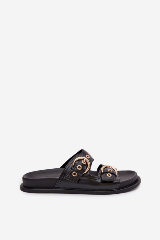 Women's Eco Leather Black Slides With Gold Buckles Bellarya