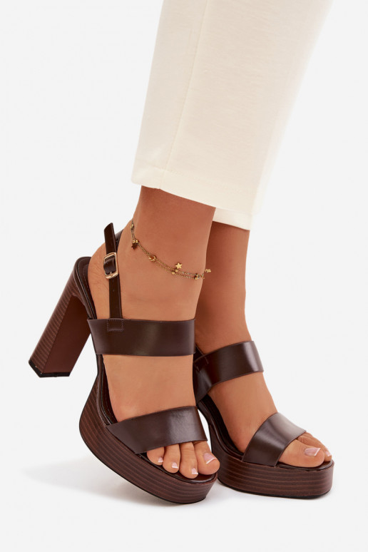 Sandały Damskie Na Słupku I Platformie Eko Skórzane Czekoladowe Hanelia