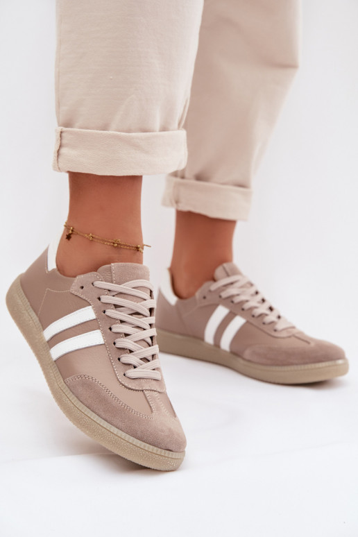 Zazoo N1068 Leather Low Women's Sneakers Dark Beige