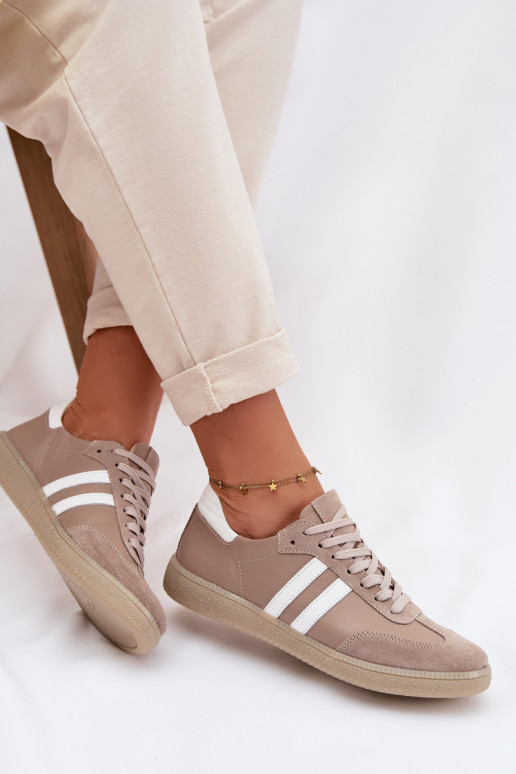 Zazoo N1068 Skórzane Niskie Sneakersy Damskie Ciemnobeżowe