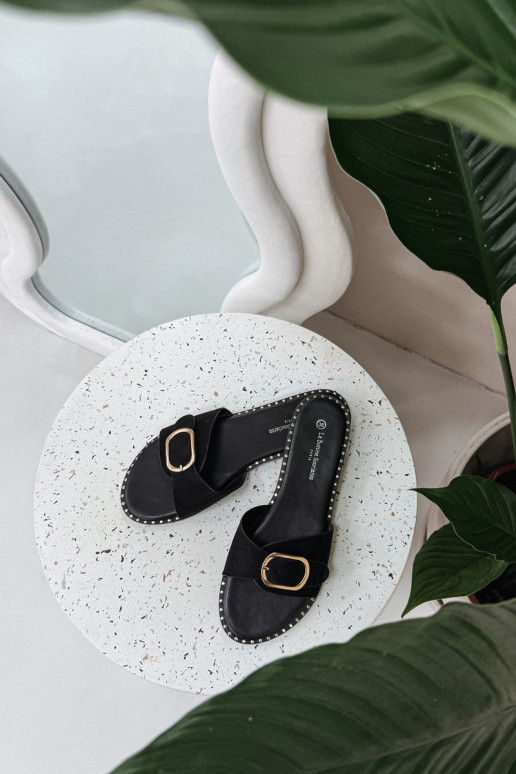 Women's Flat Heeled Shoes With Gold Buckle Black Selivelle