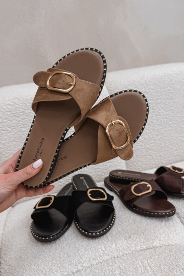 Women's Flat Heel Sandals With Gold Buckle Camel Selivelle