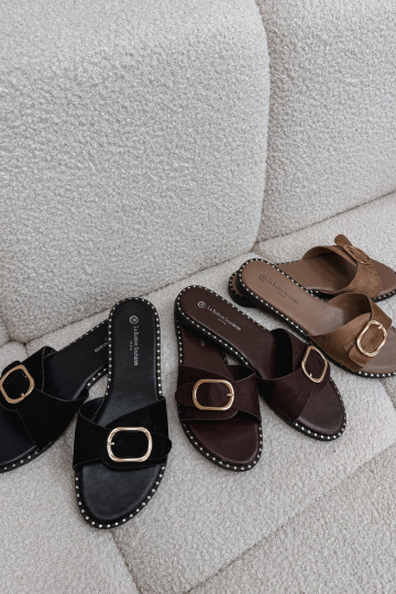 Women's Flat Heel Sandals With Gold Buckle Camel Selivelle 2