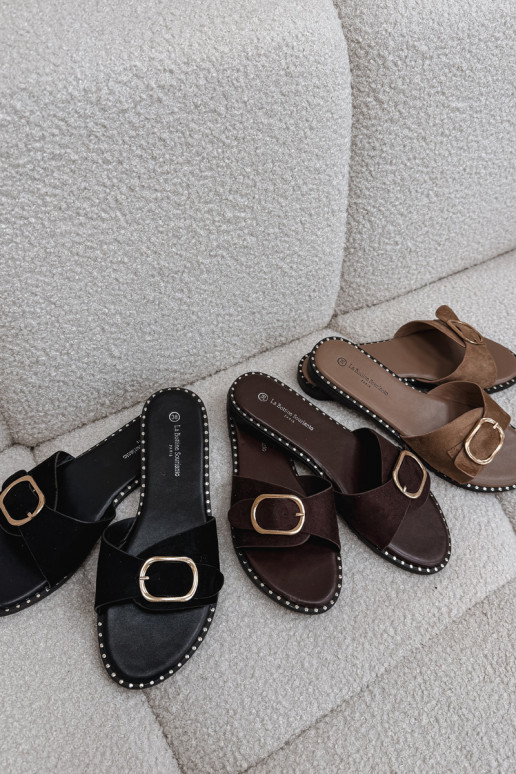 Women's Flat Heel Sandals With Gold Buckle Camel Selivelle