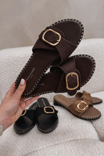 Women's Flat Heel Chocolate Slippers With Gold Buckle Selivelle