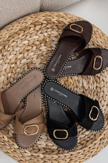 Women's Flat Heel Chocolate Slippers With Gold Buckle Selivelle 2