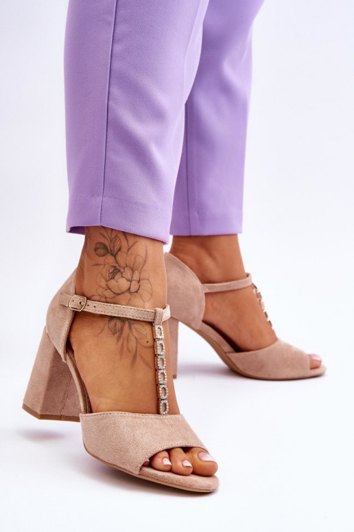 Suede High Heel Sandals With Cubic Zirconia Beige Aniya