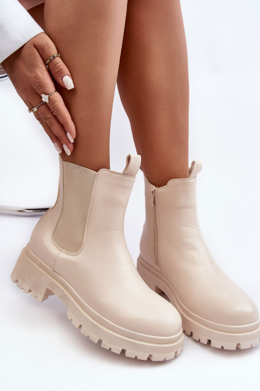 Leather Boots Ankle Boots with Zip Beige Pitrese