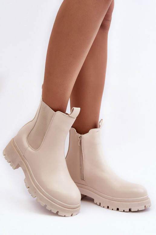 Leather Boots Ankle Boots with Zip Beige Pitrese