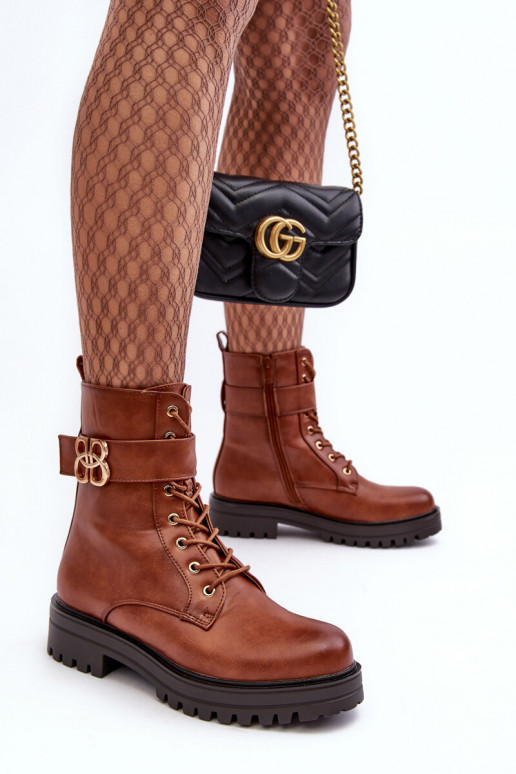 Women's Zip-up Worker Boots with Ornament Brown Ciossava