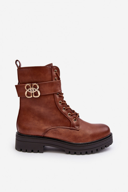 Women's Zip-up Worker Boots with Ornament Brown Ciossava