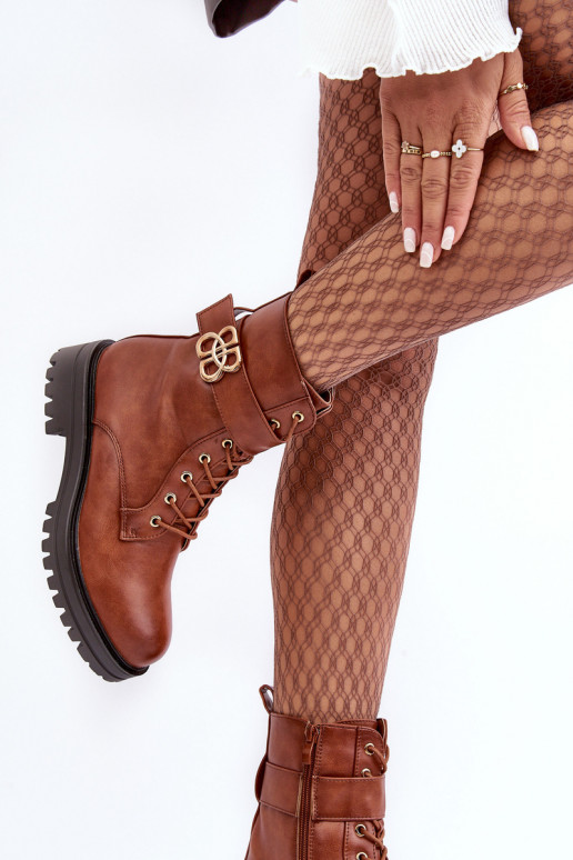 Women's Zip-up Worker Boots with Ornament Brown Ciossava