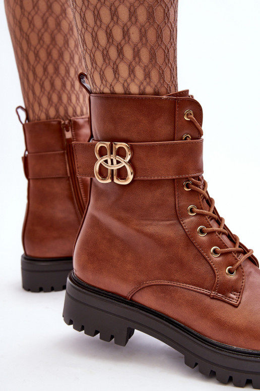 Women's Zip-up Worker Boots with Ornament Brown Ciossava
