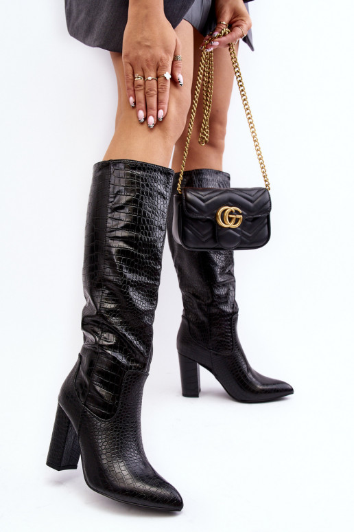 Women's Knee-High Boots with Stiletto Heels and Snake Pattern Delul