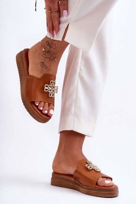 Women's Leather Platform Slippers with Ornament Brown Azera