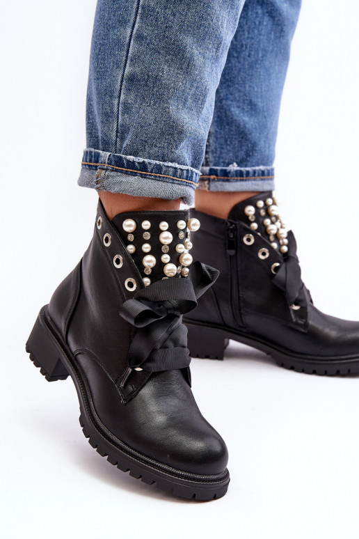 Decorated Women's Boots with Zipper Black Elonte