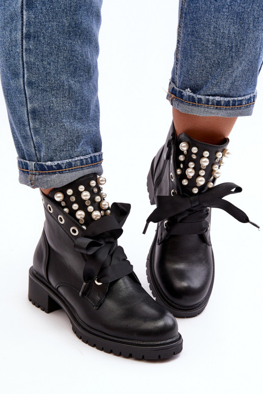 Decorated Women's Boots with Zipper Black Elonte