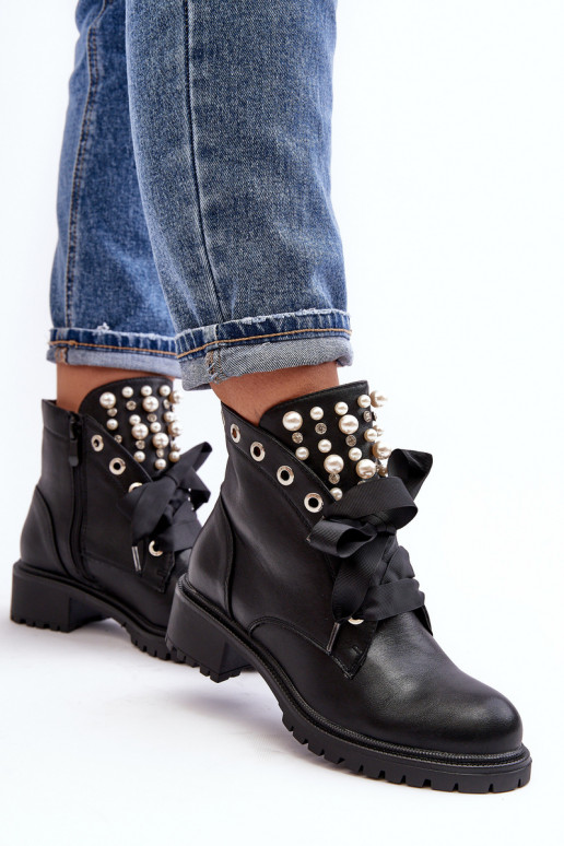 Decorated Women's Boots with Zipper Black Elonte