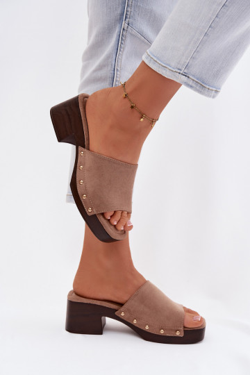 Women's Block Heel Sandals Dark Beige With Gold Buckles Davessa