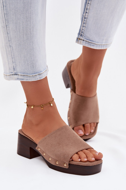 Women's Block Heel Sandals Dark Beige With Gold Buckles Davessa