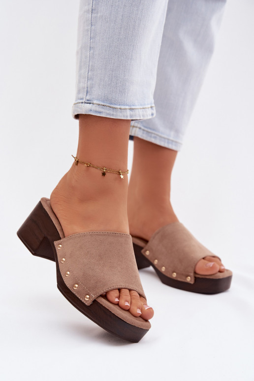 Women's Block Heel Sandals Dark Beige With Gold Buckles Davessa