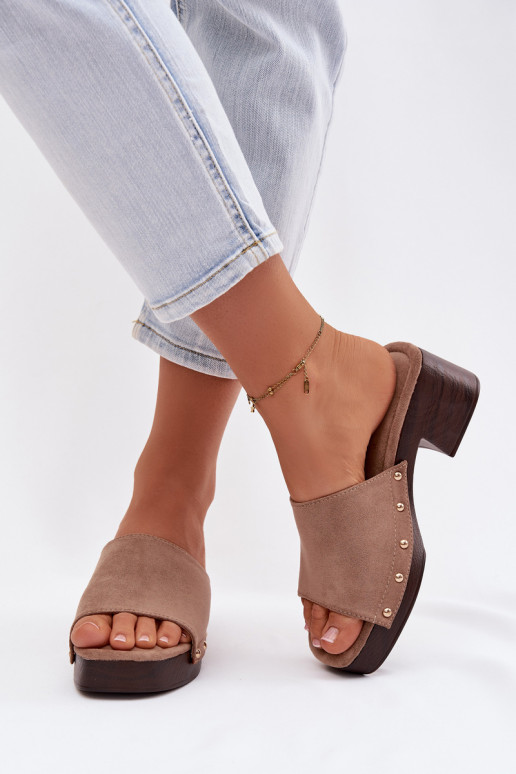 Women's Block Heel Sandals Dark Beige With Gold Buckles Davessa