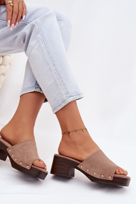 Women's Block Heel Sandals Dark Beige With Gold Buckles Davessa