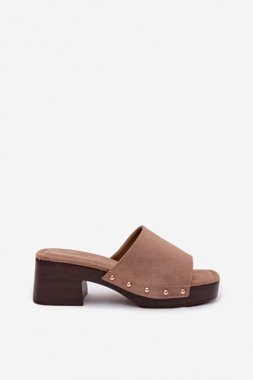 Women's Block Heel Sandals Dark Beige With Gold Buckles Davessa