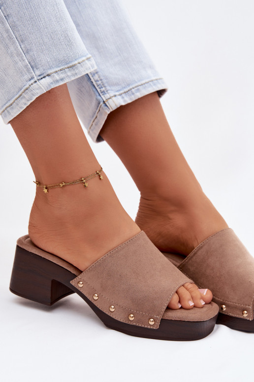 Women's Block Heel Sandals Dark Beige With Gold Buckles Davessa