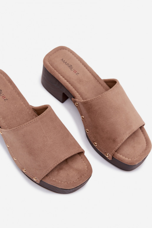 Women's Block Heel Sandals Dark Beige With Gold Buckles Davessa