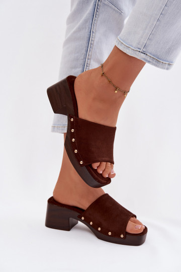 Women's Platform Slippers with Gold Buckles Chocolate Davessa